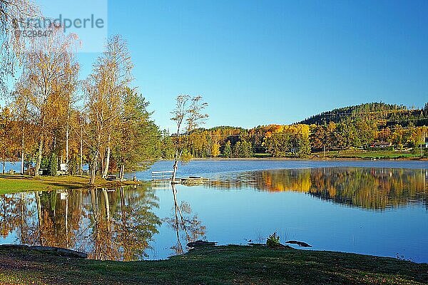 Bäumen spiegeln sich im ruhigen Wasser  Herbst  Oktober  Laubfärbung  Vasstoppen  Bullaren  Bohuslän  Schweden  Europa