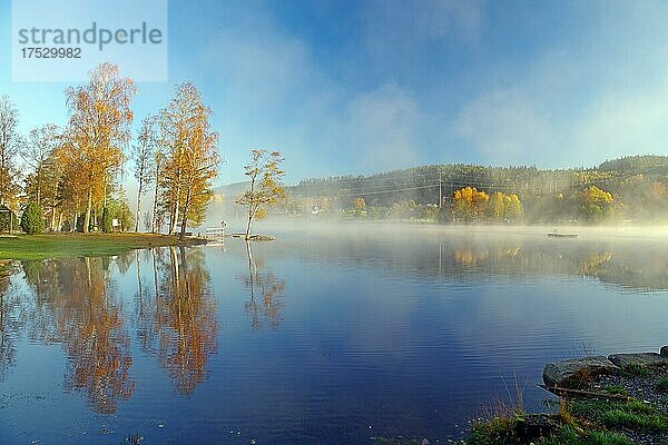 Nebelschwaden über einem See  Bäumen spiegeln sich im ruhigen Wasser  Herbst  Oktober  Laubfärbung  Vasstoppen  Bullaren  Bohuslän  Schweden  Europa