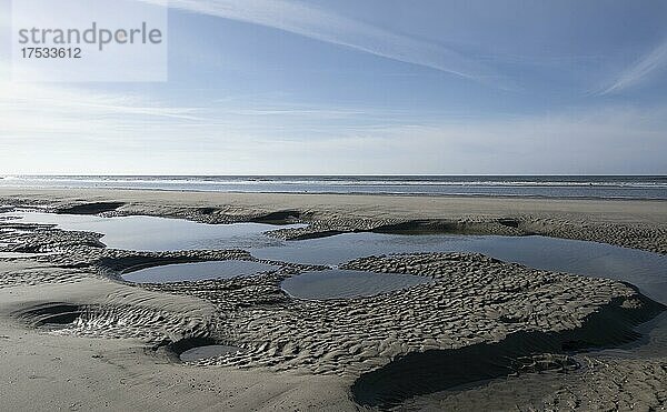 Sandstrand bei Ebbe mit Gezeitentümpeln  Insel Juist  Niedersächsisches Wattenmeer  Nordsee  Ostfriesland  Niedersachsen  Deutschland  Europa