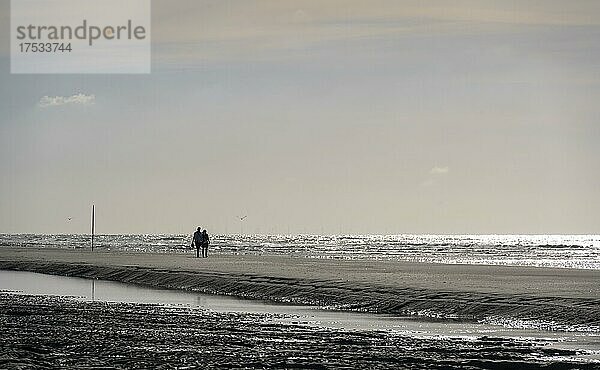 Spaziergänger am Strand bei Ebbe mit Gezeitentümpeln  Insel Juist  Niedersächsisches Wattenmeer  Nordsee  Ostfriesland  Niedersachsen  Deutschland  Europa