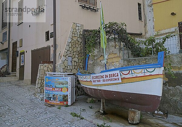 Fischerboot  Werbung für Bootsausflüge  Fischerhafen  Castellammare del Golfo  Sizilien  Italien  Europa