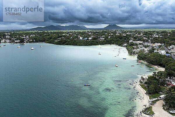 Mauritius  Grand Port District  Helicopter view of coastal village on Ile Chat island