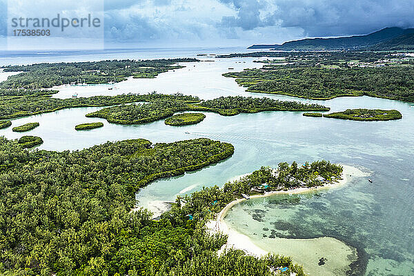 Mauritius  Helicopter view of bays of Ile aux Cerfs island