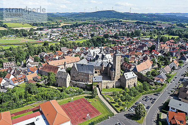 Germany  Hesse  Steinau an der Strasse  Aerial view of Schloss Steinau and surrounding houses in summer