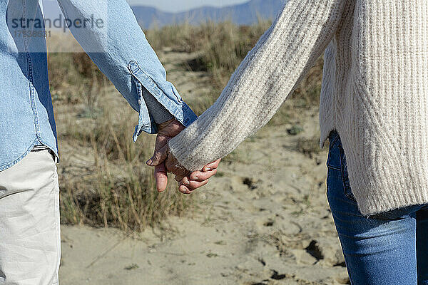 Couple holding hands at dunes
