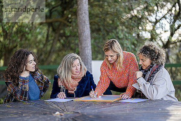Friends looking at woman writing on whiteboard sitting in park