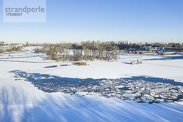 Drone view of river Spree in winter