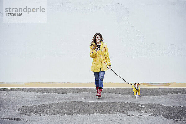 Junge Frau benutzt Smartphone und geht mit Hund auf der Straße spazieren