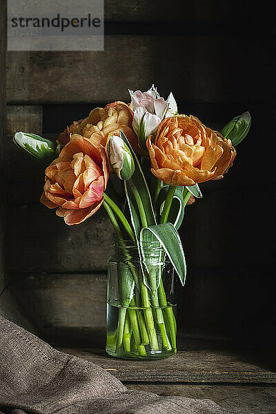 Studio shot of bouquet of Copper Image and China Town tulips
