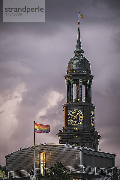 Germany  Hamburg  Rainbow flag in front of bell tower of Saint Michaels Church