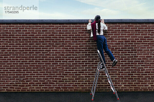 Young woman standing on ladder peeking over wall