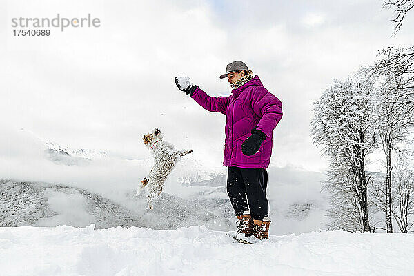 Hund springt in Männerhand auf Schneeball zu