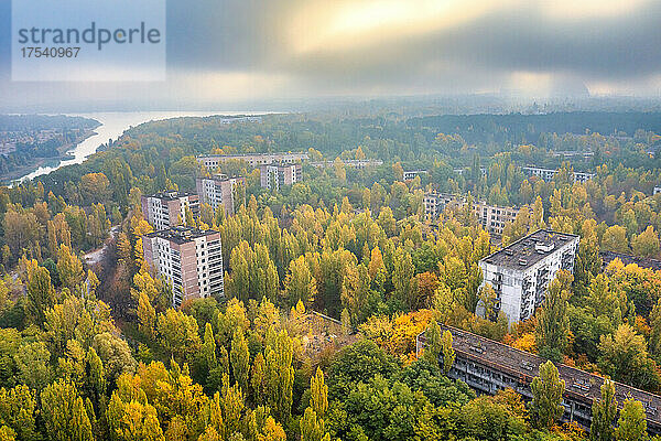 Ukraine  Kyiv Oblast  Pripyat  Aerial view of abandoned city at autumn sunset