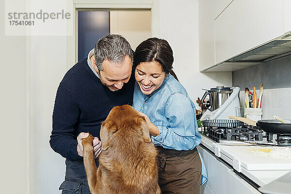 Happy couple having fun with dog in kitchen at home