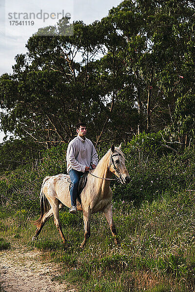 Young man riding horse at sunset