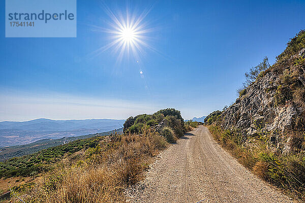 Leere unbefestigte Straße am Berg an einem sonnigen Tag in Andalusien  Spanien  Europa