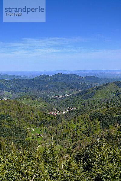 Deutschland  Baden-Württemberg  Blauer Himmel über dem grün bewaldeten Murgtal mit Dörfern im Hintergrund