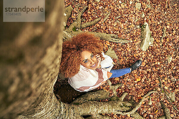 Frau schaut nach oben  sitzt am Baum im Herbstwald