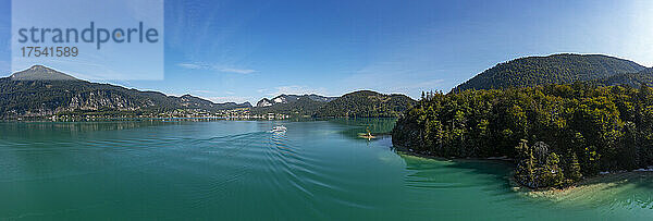 Austria  Salzburg  Drone panorama of Lake Wolfgang and surrounding landscape