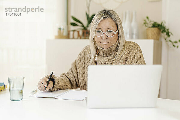 Geschäftsfrau mit Stift und Buch mit Laptop auf dem Schreibtisch
