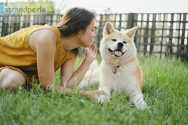 Woman communicating with Akita dog on grass