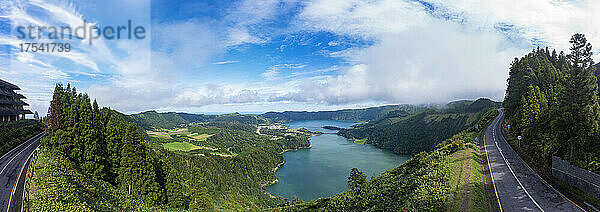 Aerial panorama of Lagoa das Sete Cidades twin lake and surrounding landscape