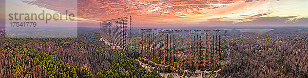 Ukraine  Kyiv Oblast  Chernobyl  Aerial view of remains of Russian Woodpecker radar at sunset