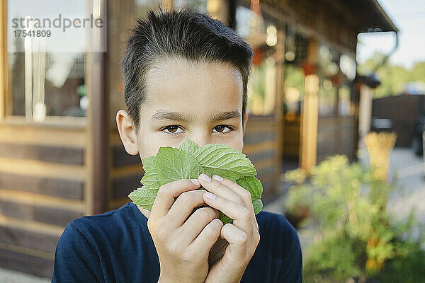 Cute boy covering face with green leaf outside house