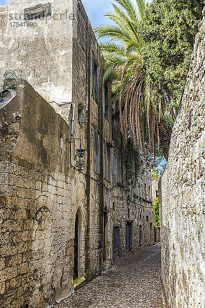 Greece  Rhodes  Rhodes  Old town alley stretching between stone buildings