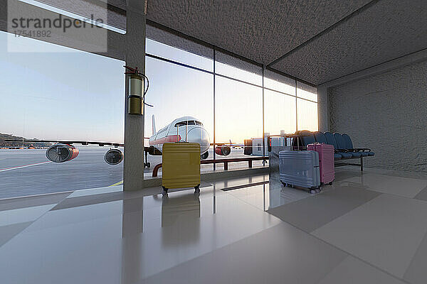 Three dimensional render of luggage left at airport with airplane waiting in background