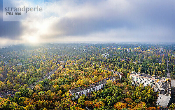 Ukraine  Kyiv Oblast  Pripyat  Aerial view of abandoned city at autumn sunset