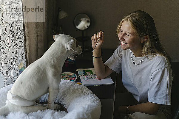 Smiling girl playing with disabled dog at home