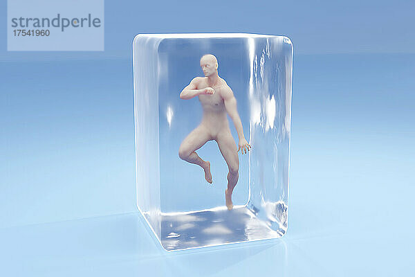 Three dimensional render of male character frozen inside cryogenic cube