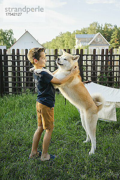 Smiling boy playing with Akita dog on grass in front of fence