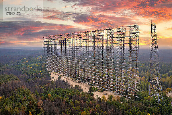 Ukraine  Kyiv Oblast  Chernobyl  Aerial view of remains of Russian Woodpecker radar at sunset