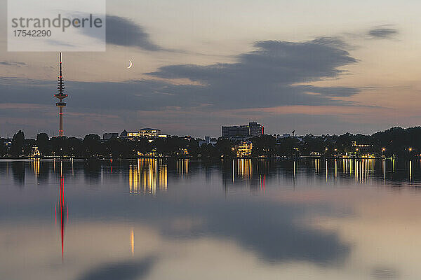 Germany  Hamburg  Long exposure of Outer Alster Lake at dusk