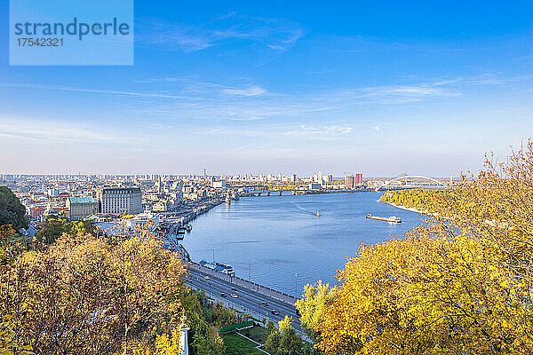 Ukraine  Kyiv  Aerial view of riverside city on sunny autumn day
