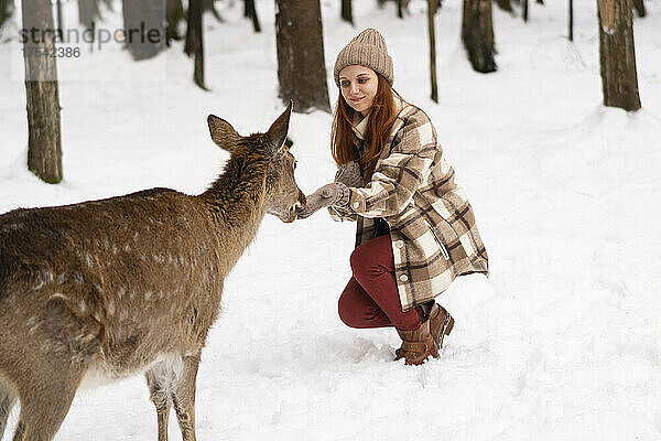 Rothaarige Frau füttert Hirsche auf Schnee im Winterwald