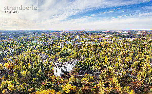 Ukraine  Kyiv Oblast  Pripyat  Aerial view of abandoned city in autumn