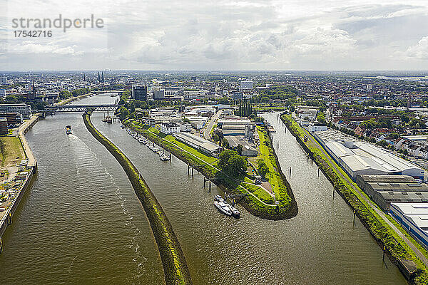 Germany  Bremen  Aerial view of Weser river canal and Hohentorshafen