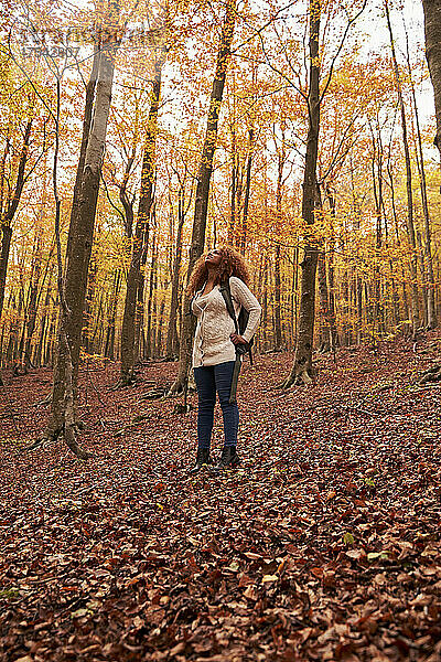 Young woman looking at trees standing in autumn forest