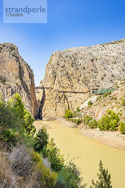 Suspension bridge at Caminito del Rey connecting mountains over El Chorro gorge  Andalucia  Spain  Europe