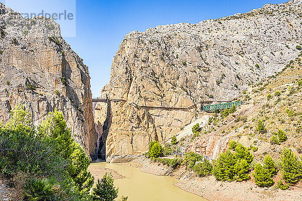 Suspension bridge at famous Caminito del Rey over El Chorro gorge  Andalucia  Spain  Europe