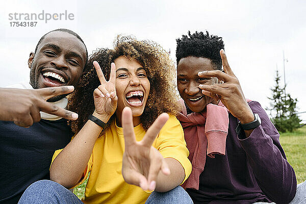 Cheerful young friends doing peace sign in park