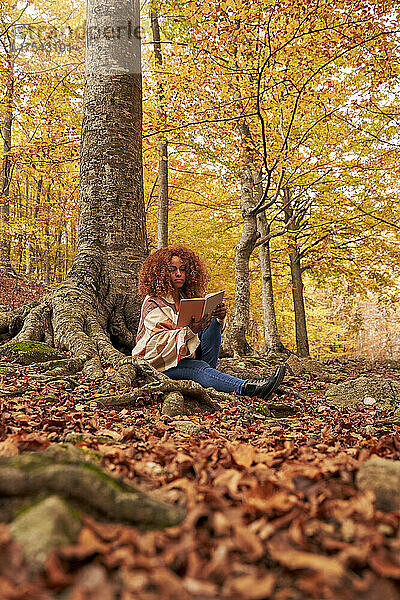 Woman reading book sitting by tree in autumn forest