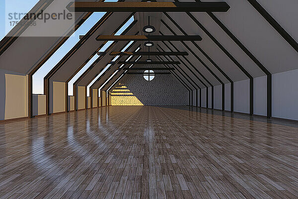 Three dimensional render of empty attic with wooden floor
