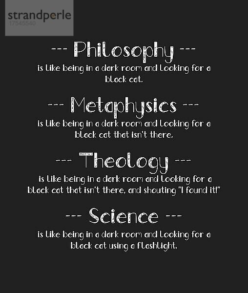 Die schwarze Katze Analogie zeigt den Unterschied zwischen Philosophie  Metaphysik  Theologie und Wissenschaft. Lustiger Text Kunst Illustration Wissenschaft vs. Religion Vergleich Konzept. Kreativer Bannerentwurf
