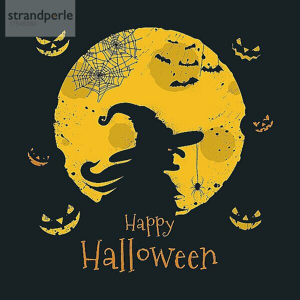 Happy Halloween Süßes oder Saures. Hexe Silhouette über Vollmond  Jack O'Lantern  Fledermäuse und Spinnennetz Symbole. Traditionelle 31. Oktober Urlaub  Kalligraphie und Farben in minimalistischen flachen Design