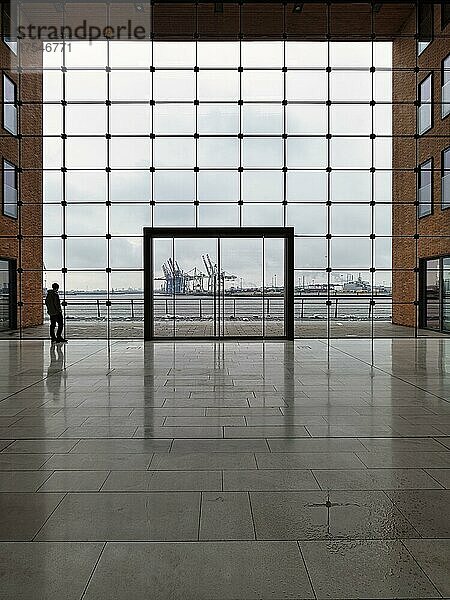 Junger Mann steht vor moderner Glasfassade mit großer Tür und schaut auf den Hafen  tristes Wetter  Gegenlicht  Bürogebäude Holzhafen Ost  Große Elbstraße  Altona  Hamburg  Deutschland  Europa