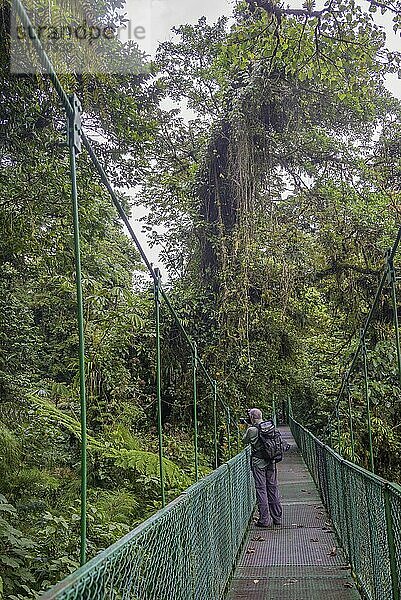 Fotograf auf Hängebrücke im Selvatura Park  Monteverde  Provinz Guanacaste  Costa Rica  Mittelamerika